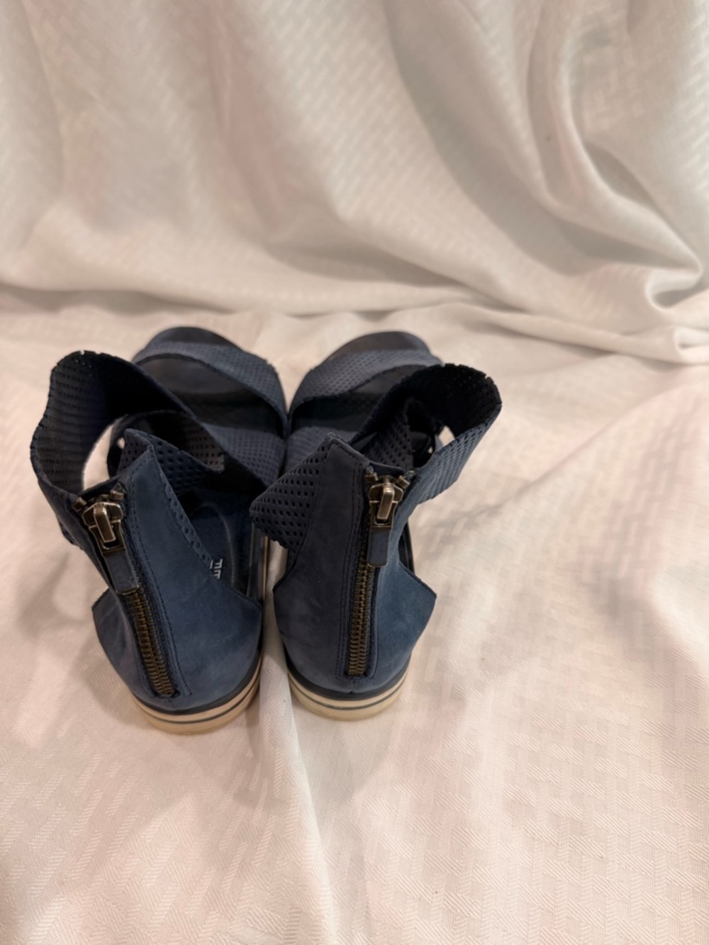 Eileen Fisher Blue Mesh Back-Zip Wedge Sandals